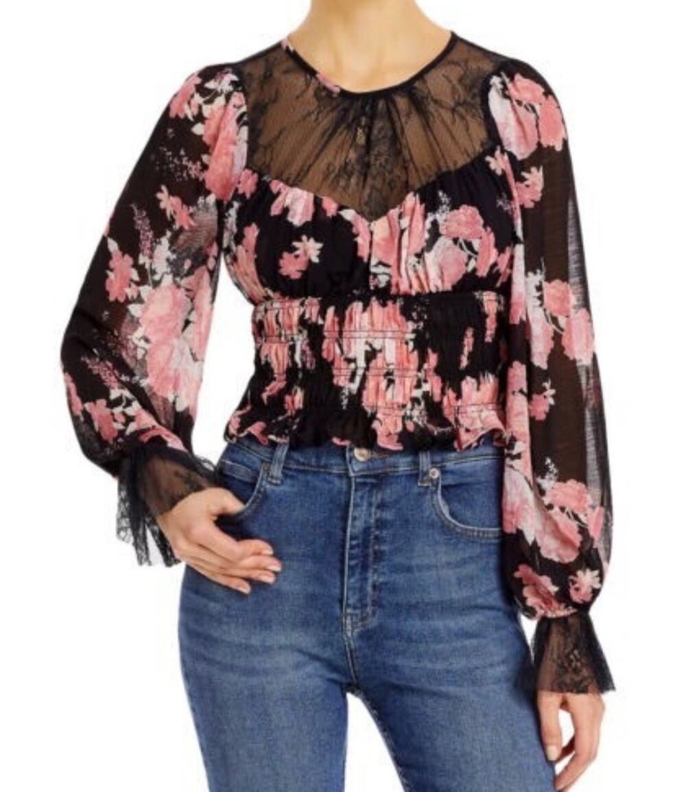 Free People Daphne Floral Blouse Midnight Combo Size Large Black Pink Whimsigoth